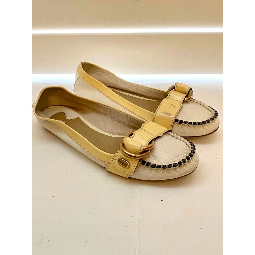 CHLOE White Yellow Leather Buckle Driving Loafers Moccasins 8.5